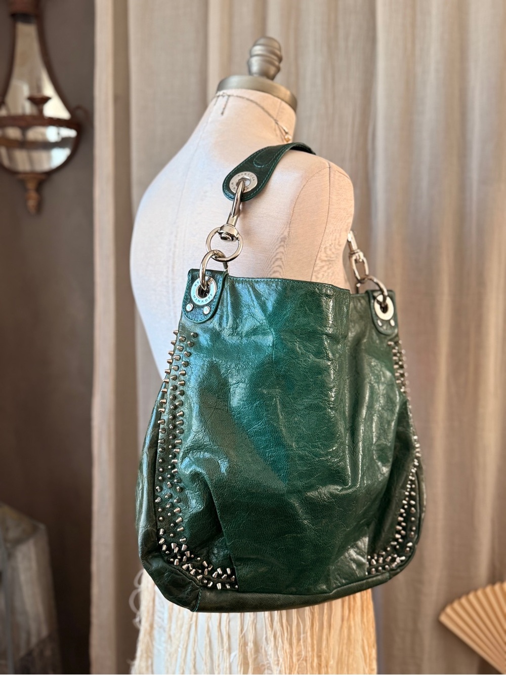 Rebecca Minkoff studded spike Large Slouchy emerald Leather Hobo Handbag Purse